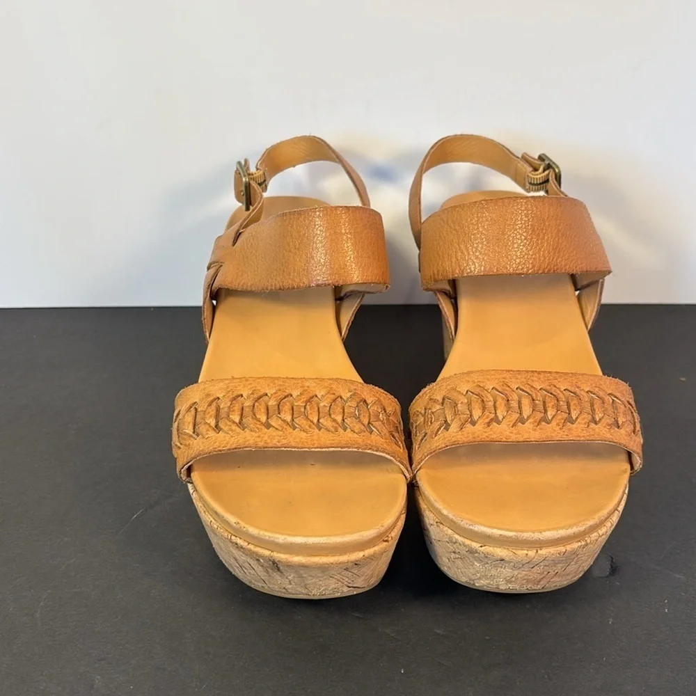 Kork-Ease Brown Leather Wedge Sandals Sz 8M Cork Platform Strappy Boho Comfort